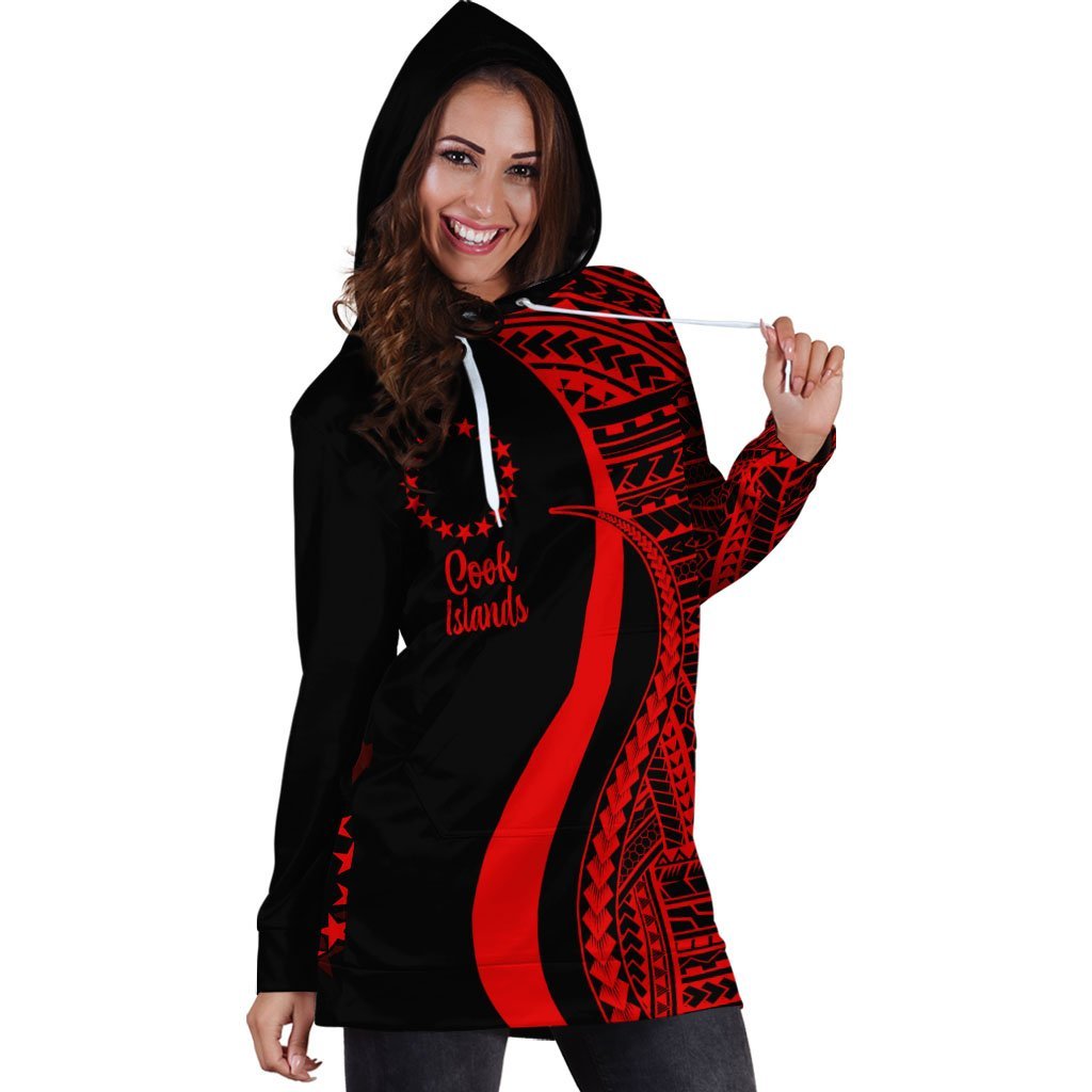 Cook Islands Women's Hoodie Dress - Red Polynesian Tentacle Tribal Pattern - Vibe Hoodie Shop