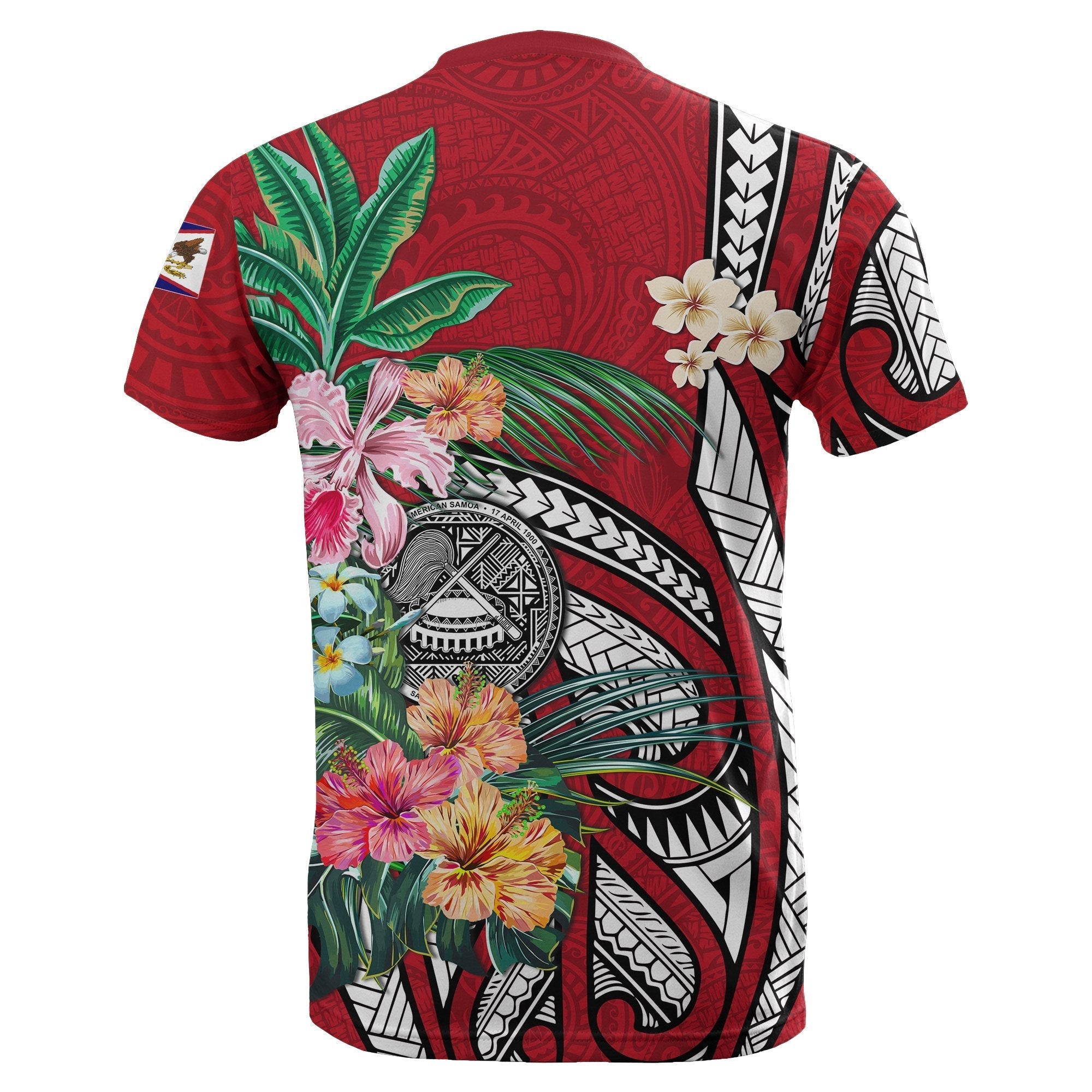 American Samoa T shirt Coat Of Arms Polynesian With Hibiscus - Red - Vibe Hoodie Shop