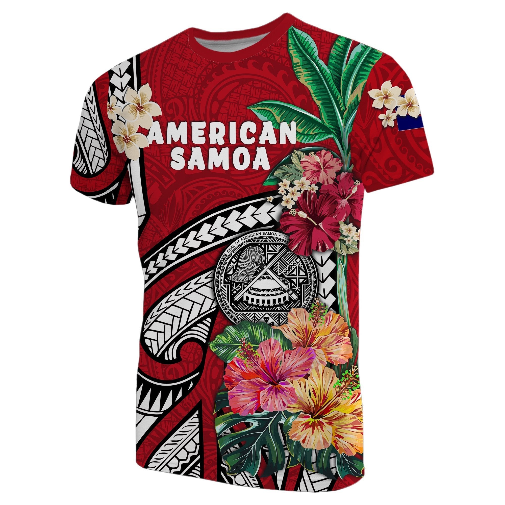 American Samoa T shirt Coat Of Arms Polynesian With Hibiscus - Red - Vibe Hoodie Shop