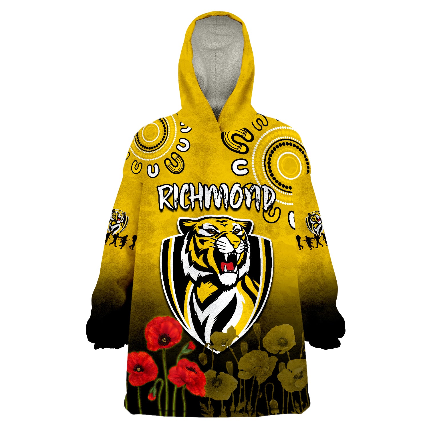 Richmond ANZAC 2022 Tigers Aboriginal Poppy Wearable Blanket Hoodie - Vibe Hoodie Shop