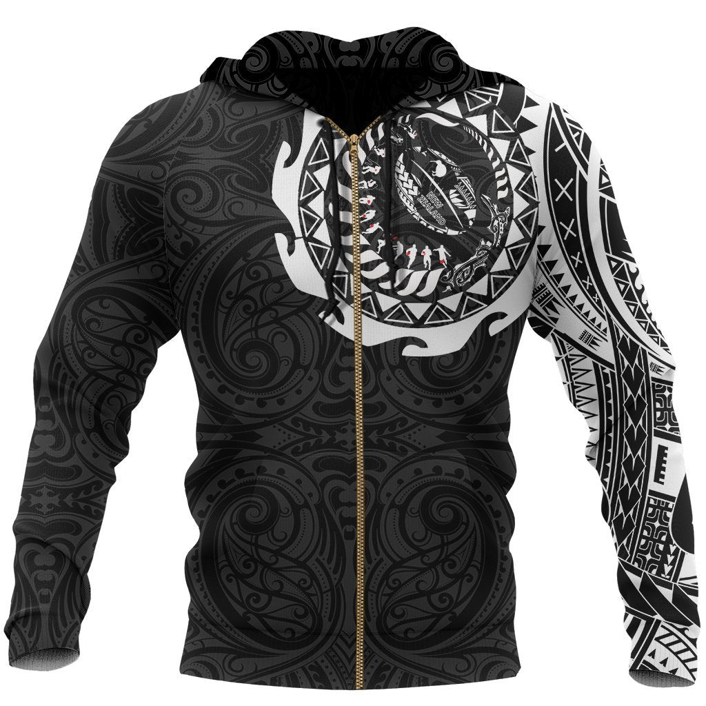 New Zealand Rugby Hoodie, Maori Tattoo Rugby Zip Up Hoodie - Vibe Hoodie Shop