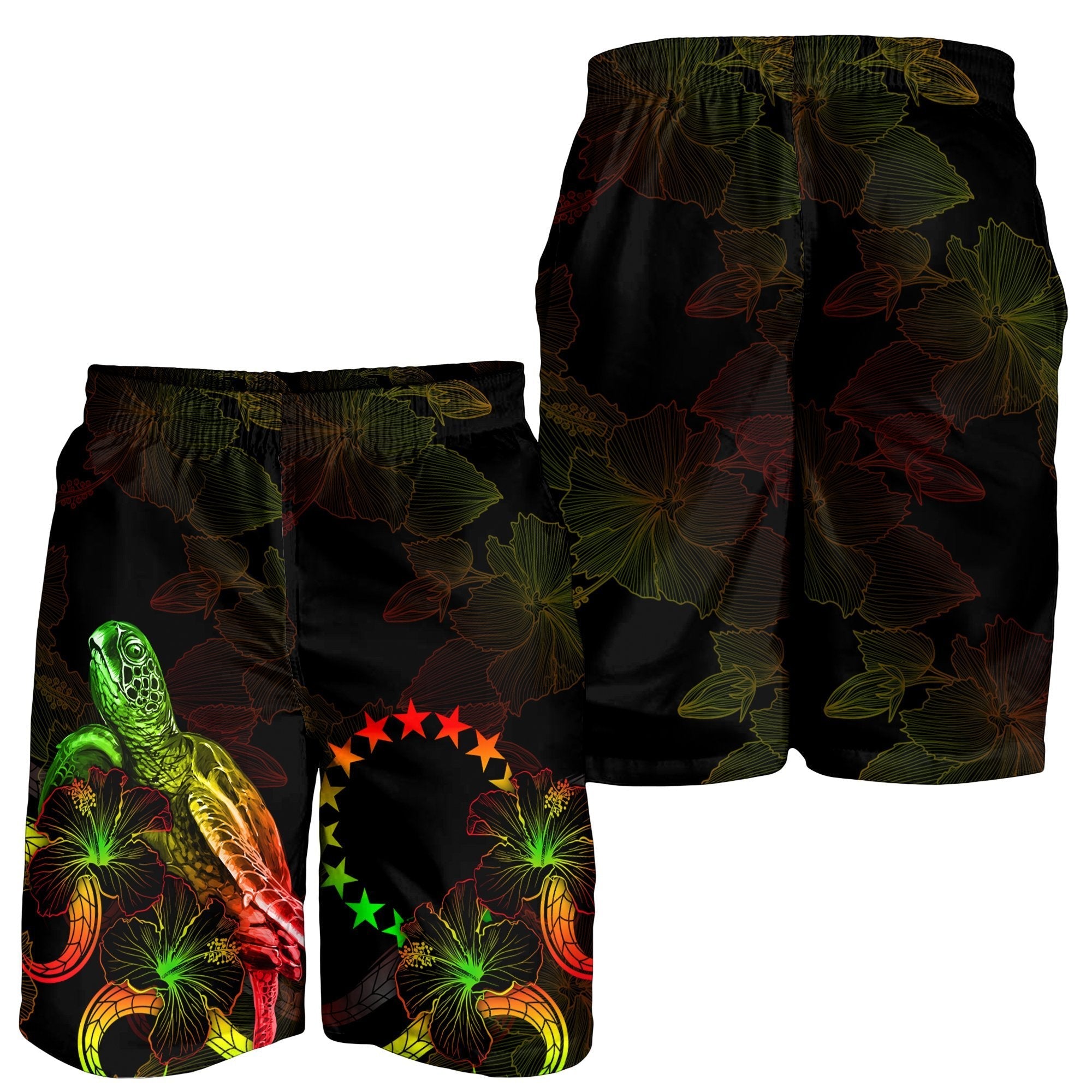 Cook Islands Polynesian Men's Shorts - Turtle With Blooming Hibiscus Reggae - Vibe Hoodie Shop