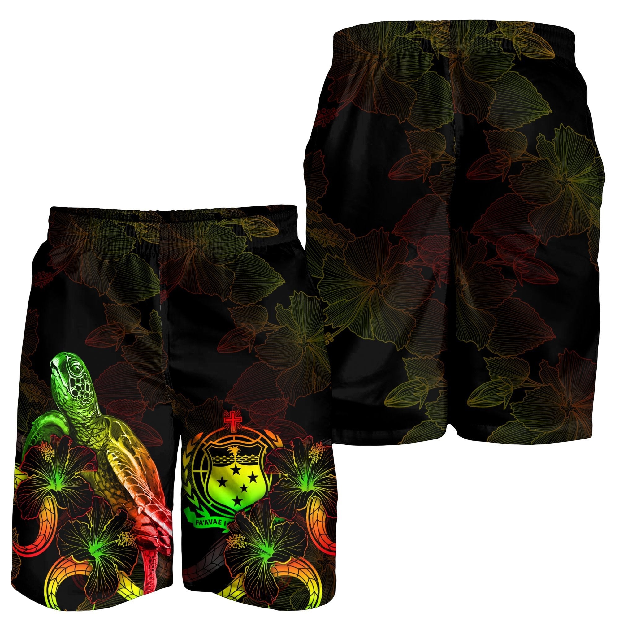 Samoa Polynesian Men's Shorts - Turtle With Blooming Hibiscus Reggae - Vibe Hoodie Shop