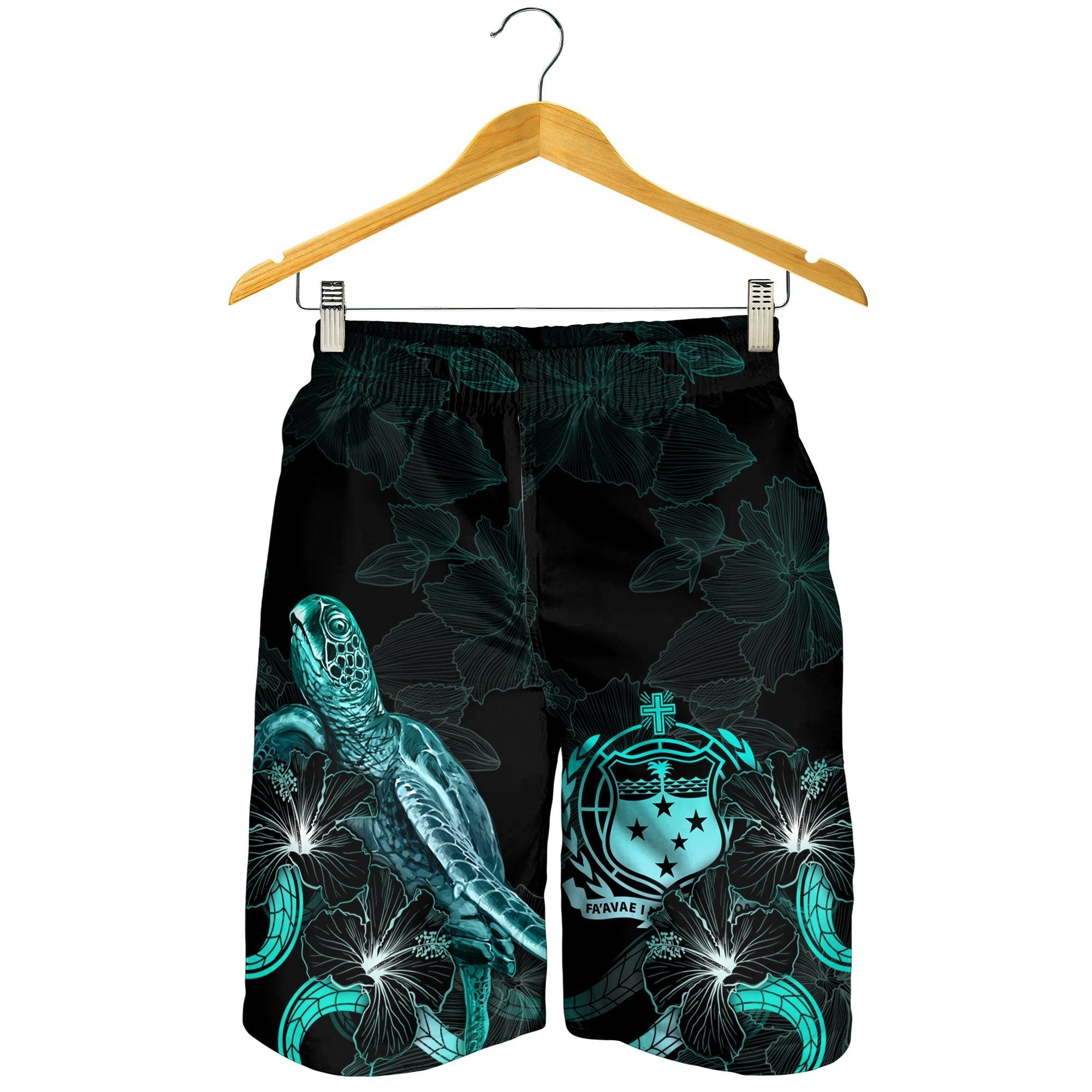 Samoa Polynesian Men's Shorts - Turtle With Blooming Hibiscus Turquoise - Vibe Hoodie Shop