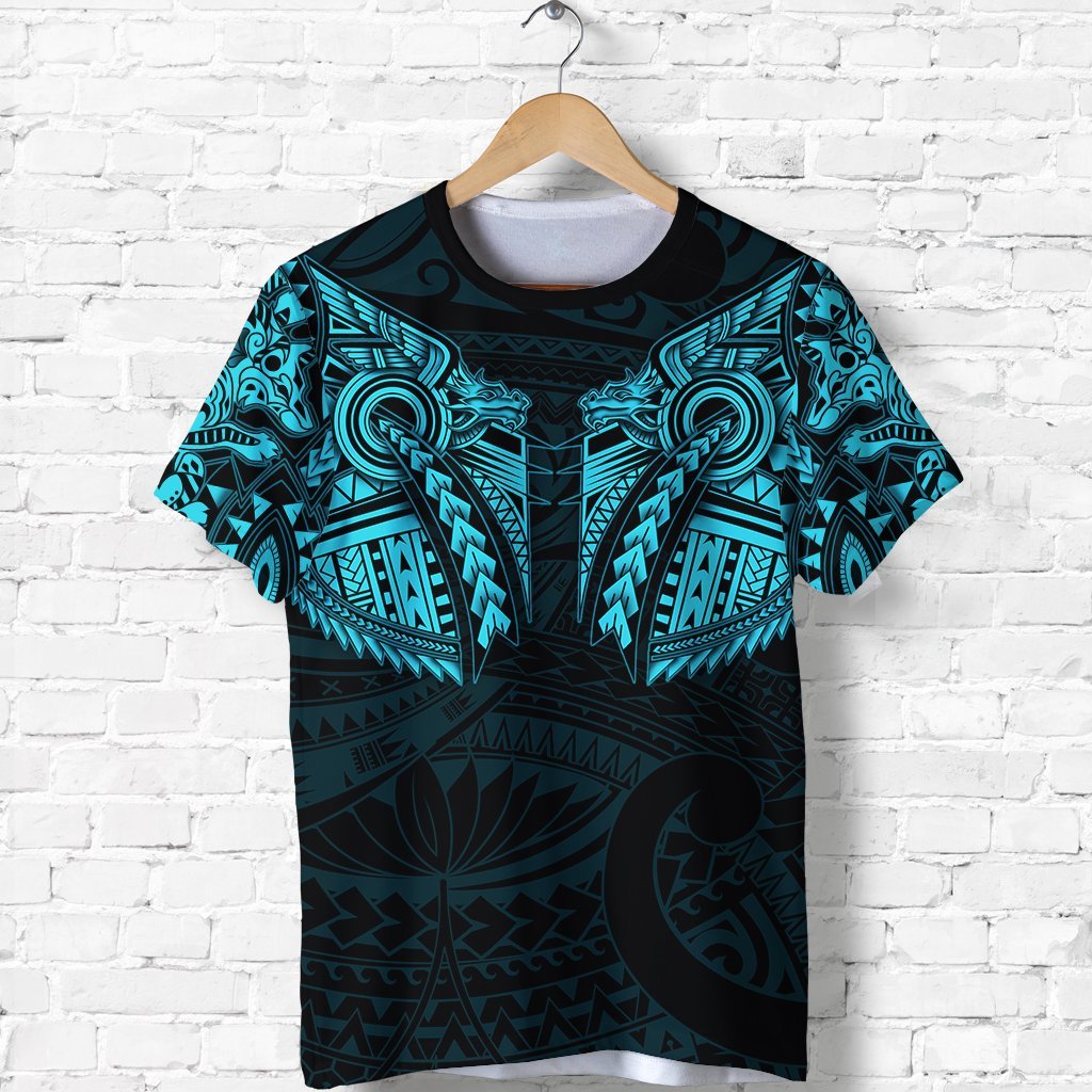 New Zealand Shirt, Maori Tattoo Wolf Dragon T shirt - Blue - Vibe Hoodie Shop