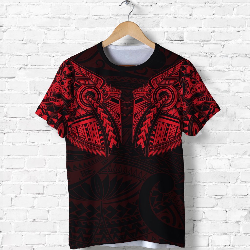 New Zealand Shirt, Maori Tattoo Wolf Dragon T shirt - Red - Vibe Hoodie Shop