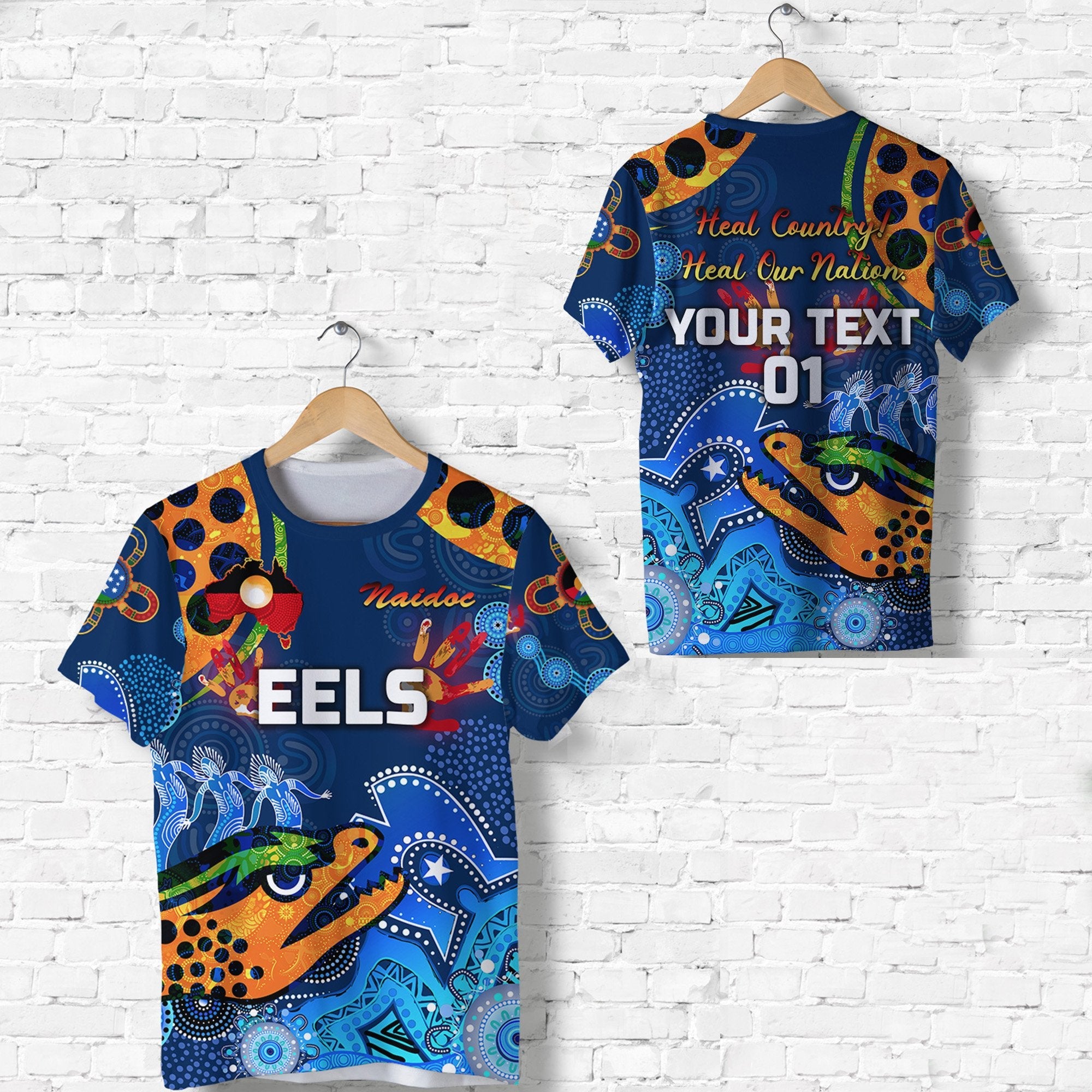 (Custom Personalised) Parramatta T shirt Eels Indigenous NAIDOC Heal Country! Heal Our Nation - Blue, Custom Text And Number - Vibe Hoodie Shop