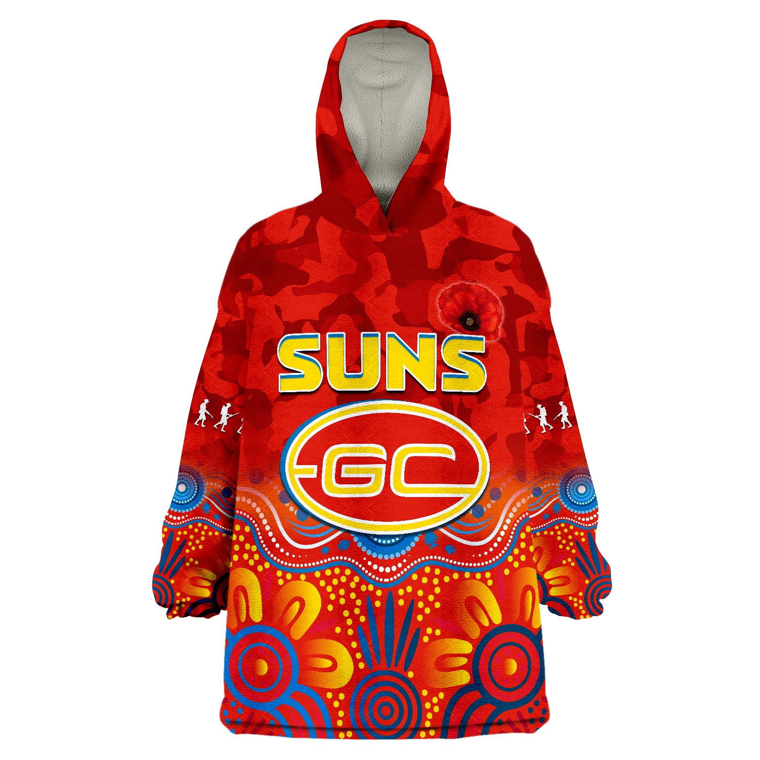 Suns ANZAC 2022 Gold Coast Aboriginal Poppy Wearable Blanket Hoodie - Vibe Hoodie Shop