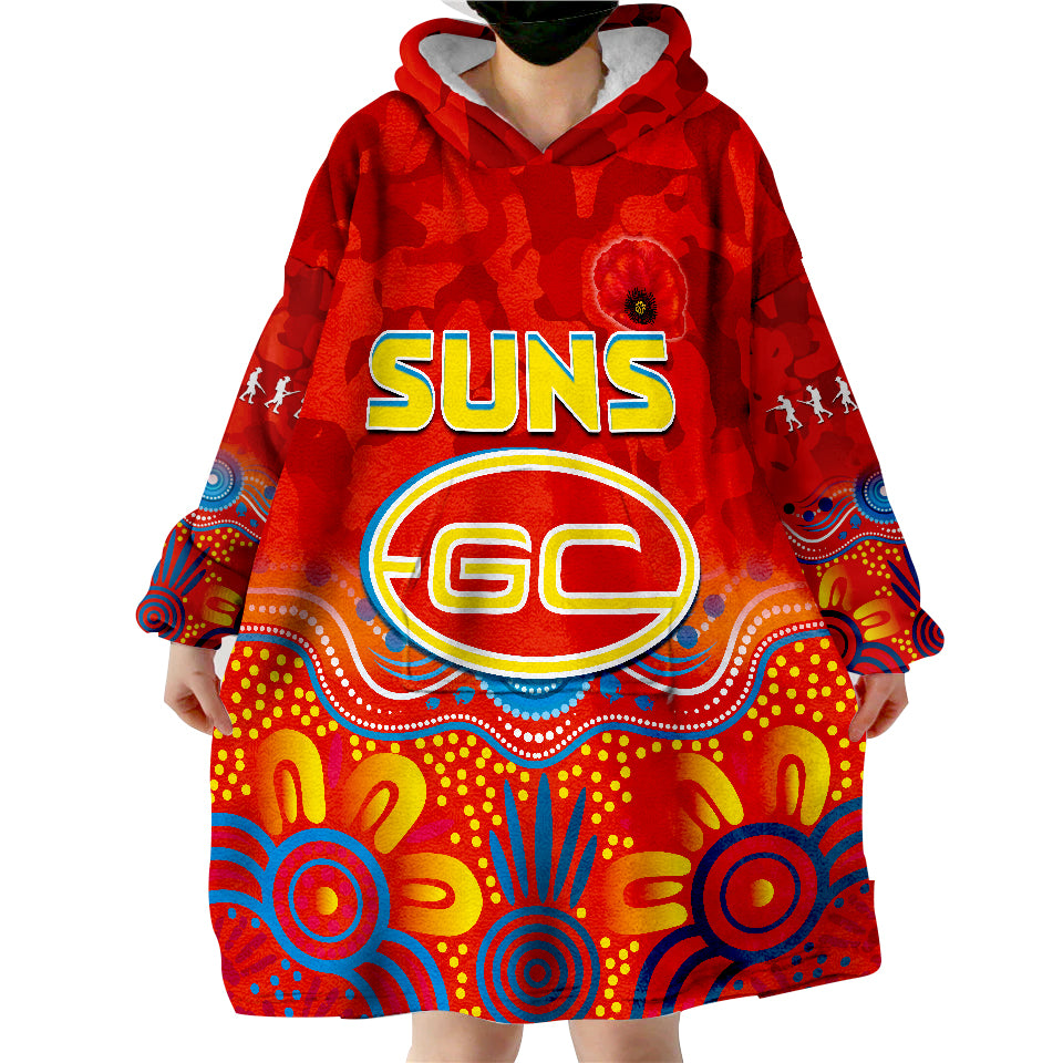 Suns ANZAC 2022 Gold Coast Aboriginal Poppy Wearable Blanket Hoodie - Vibe Hoodie Shop