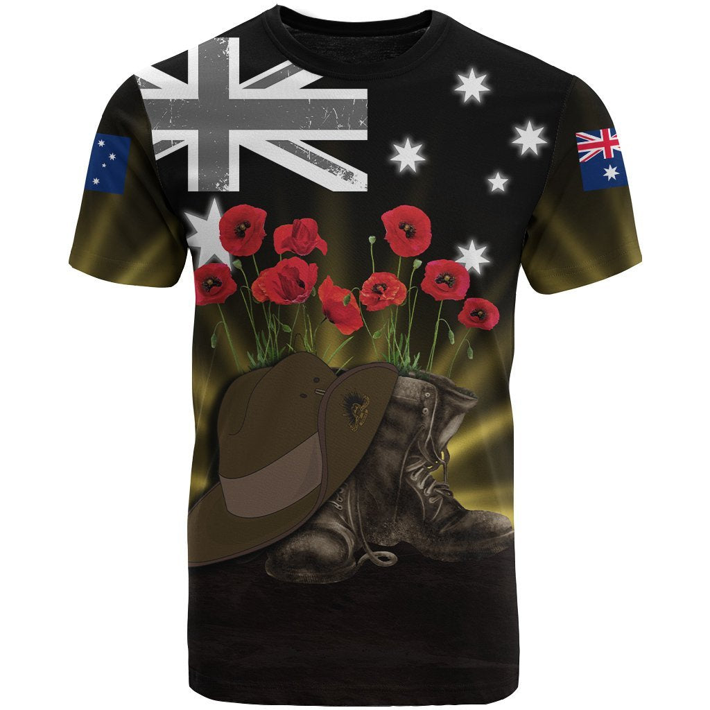 ANZAC Day T shirt - Lest We Forget Hat And Boots Poppies - Vibe Hoodie Shop