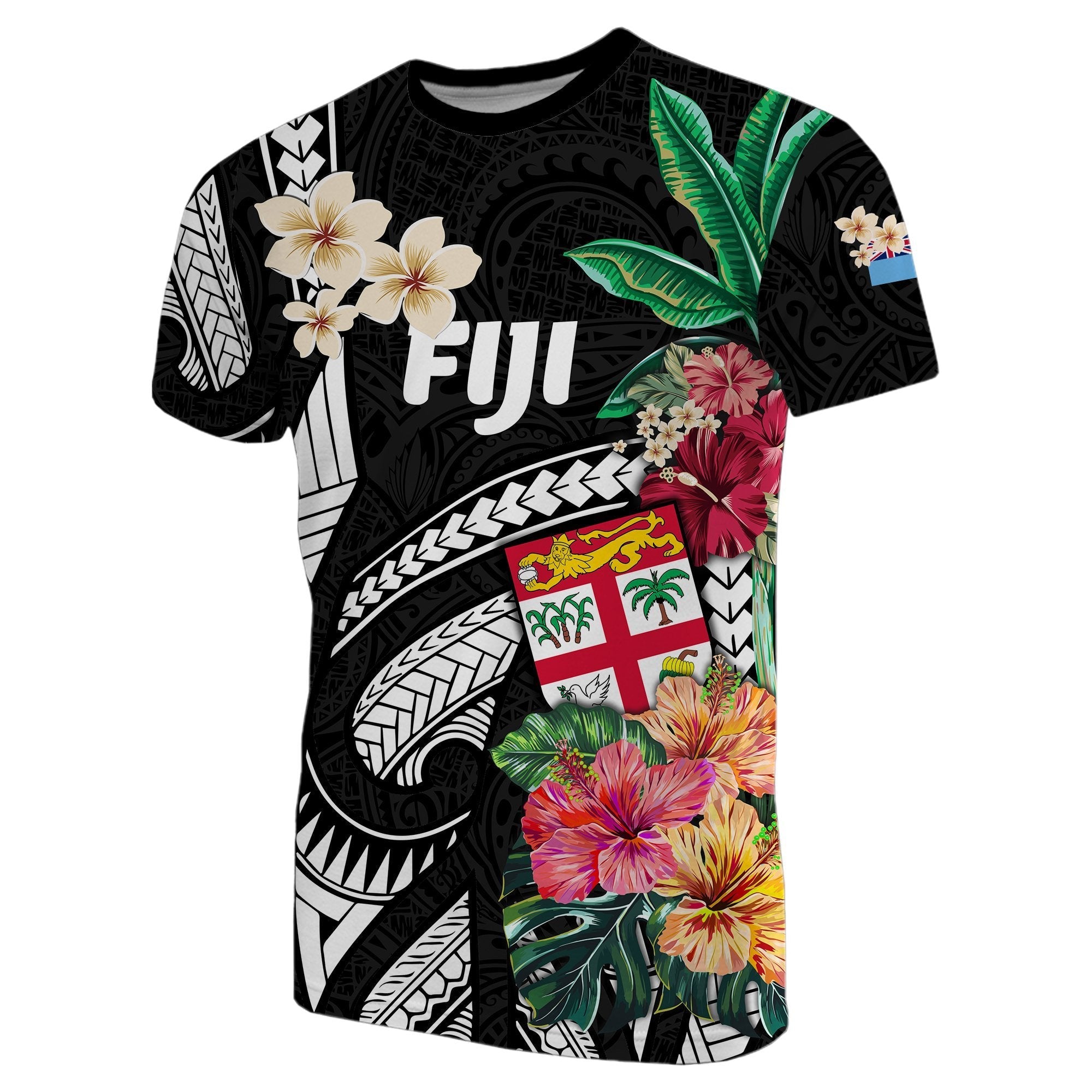 Fiji T shirt Coat Of Arms Polynesian With Hibiscus - Vibe Hoodie Shop