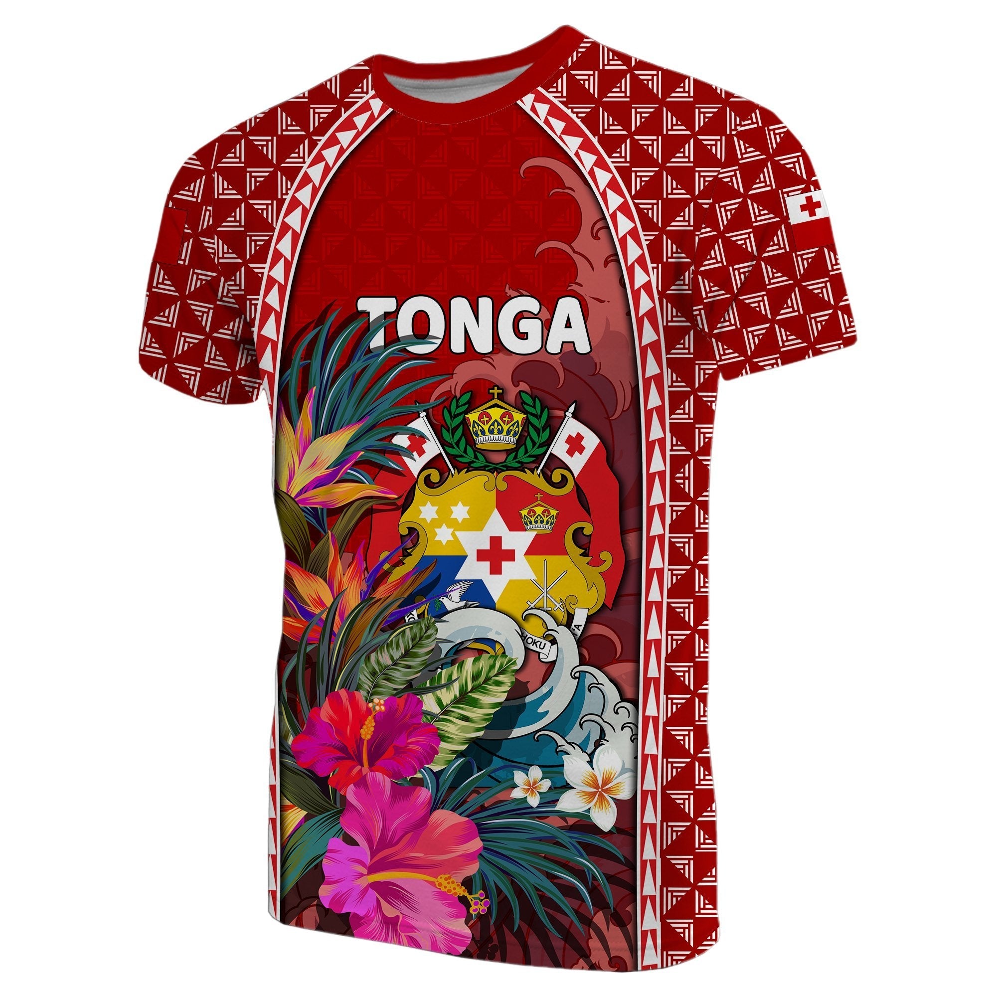 Tonga T shirt Coat Of Arms Polynesian With Hibiscus And Waves - Vibe Hoodie Shop