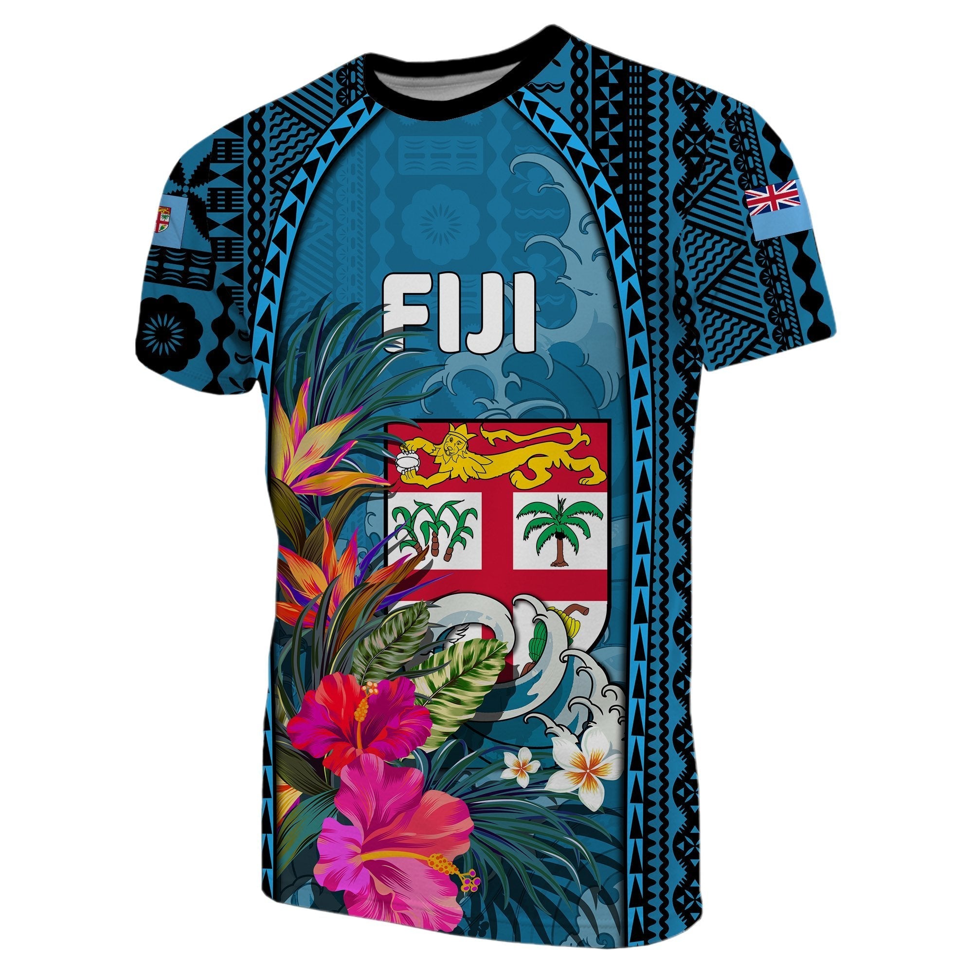 Fiji T shirt Coat Of Arms Polynesian With Hibiscus And Waves - Vibe Hoodie Shop