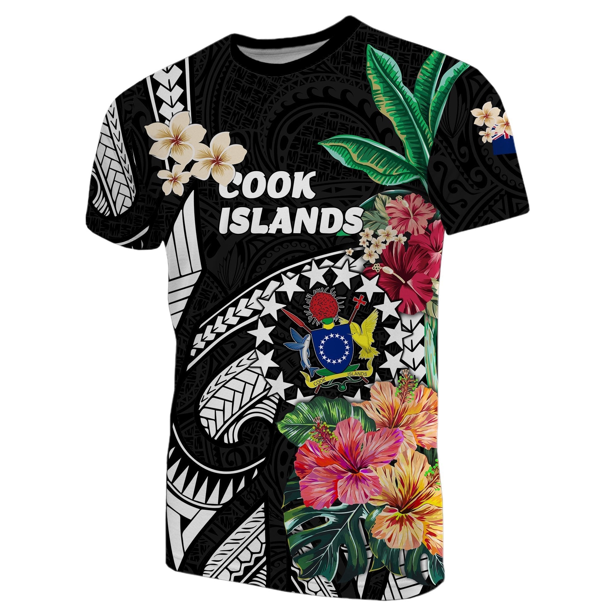 Cook Islands T shirt Coat Of Arms Polynesian With Hibiscus - Vibe Hoodie Shop