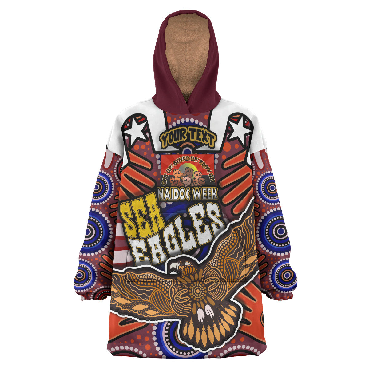 Sea Eagles Rugby Snug Hoodie - Custom Naidoc Week Eagle Aboriginal Dot Artwork ''Get up, Stand Up, Show Up'' Aboriginal Culture Wearable Blanket Hoodie RLT14 - Vibe Hoodie Shop