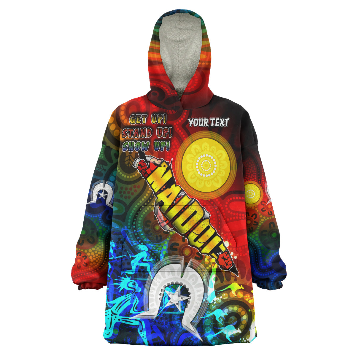 Australia NAIDOC Week 2023 Wearable Blanket Hoodie- Custom Naidoc Aboriginal Inspired Dot Art Painting With Hunting "Get up, Stand up, Show up," Wearable Blanket Hoodie - Vibe Hoodie Shop