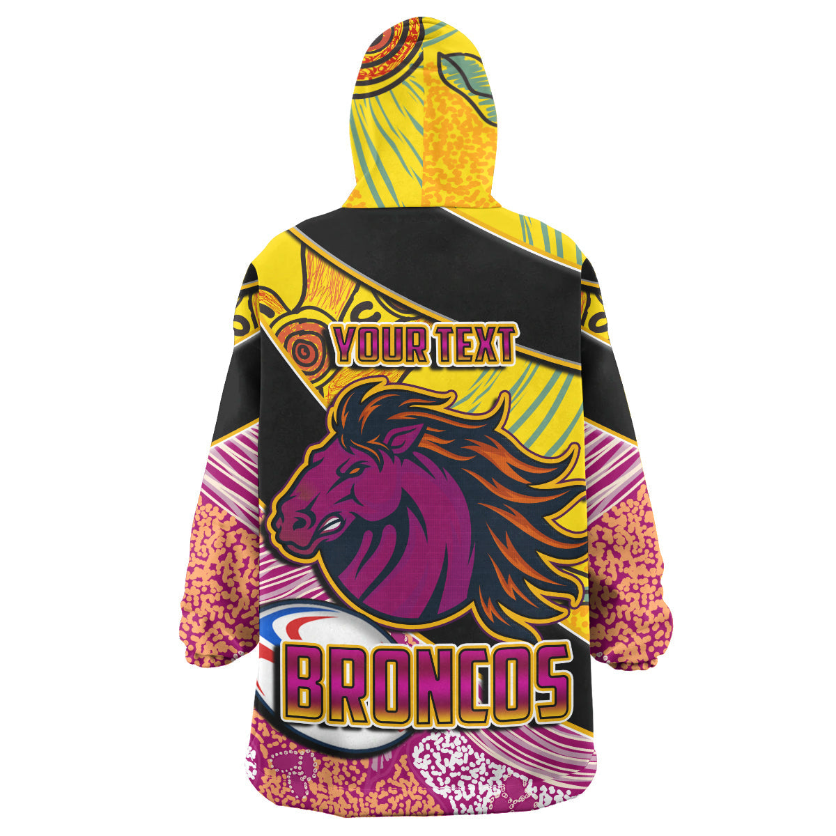 Broncos Rugby Snug Hoodie - Custom Broncos Horse Rugby with Aboriginal Dot Painting Personalised Player And Number Wearable Blanket Hoodie RLT14 - Vibe Hoodie Shop