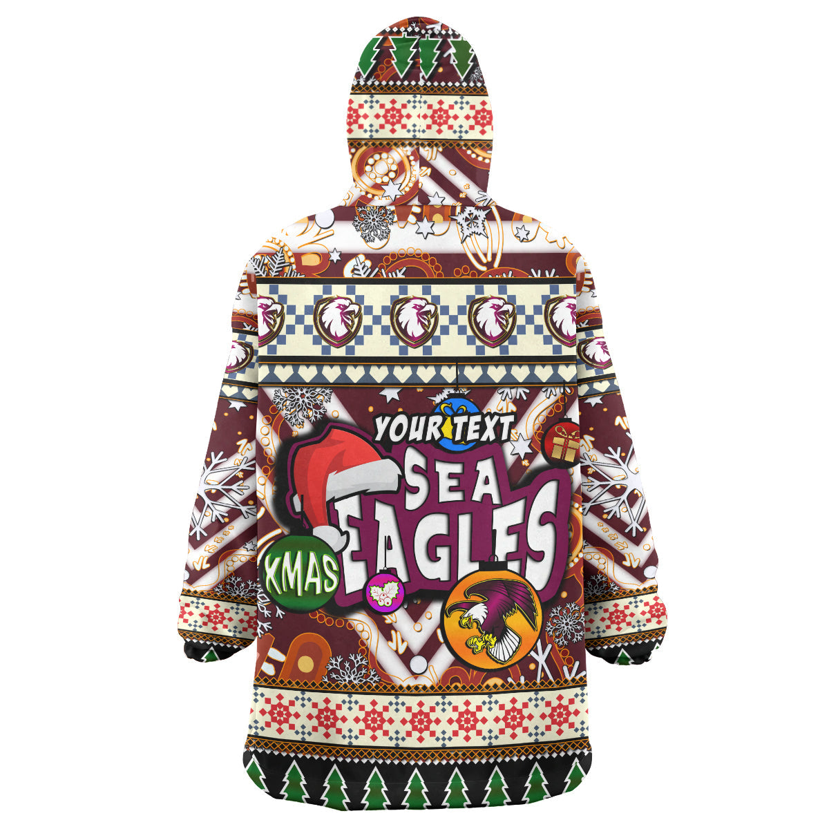 Sea Eagle Rugby Christmas Snug Hoodie - Custom Xmas Sea Eagle Christmas Balls, Snowflake With Aboriginal Patterns Wearable Blanket Hoodie - Vibe Hoodie Shop