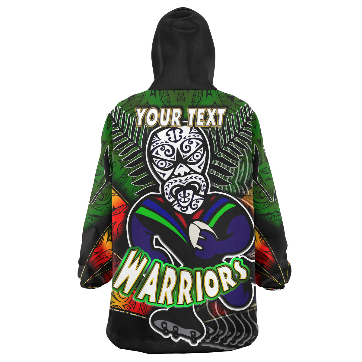 Warriors Rugby Snug Hoodie - Custom Warrios Maori Mask Rugby Player Maori Style Ethnic Ornament Pattern Player And Number Wearable Blanket Hoodie - Vibe Hoodie Shop