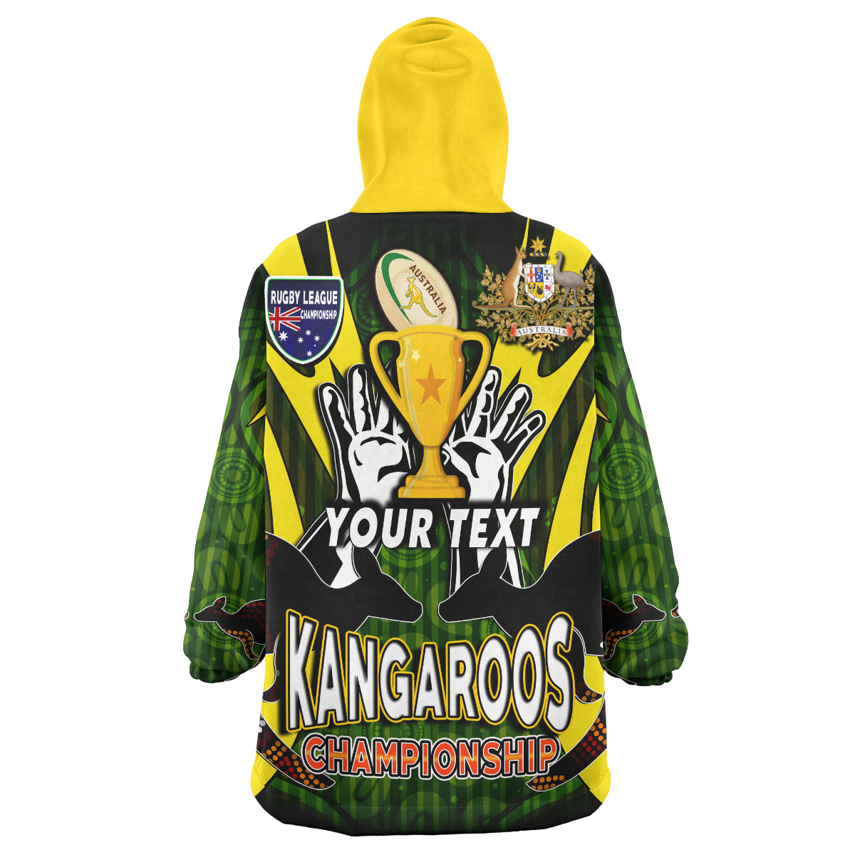 Kangaroos Rugby Snug Hoodie - Custom Kangaroo Rugby League Coat Of Arms Aboriginal Culture Personalised Player And Number Wearable Blanket Hoodie - Vibe Hoodie Shop