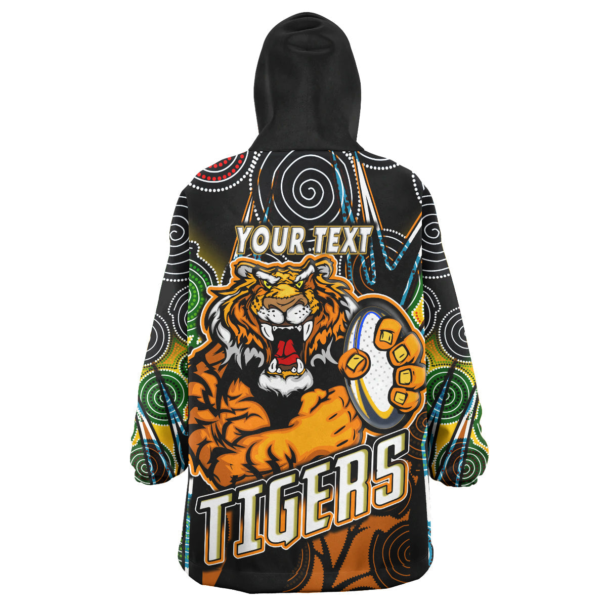 Tigers Rugby Snug Hoodie - Custom Tiger Rugby Ball Aboriginal Art Vector Painting Personalised Player And Number Wearable Blanket Hoodie RLT14 - Vibe Hoodie Shop