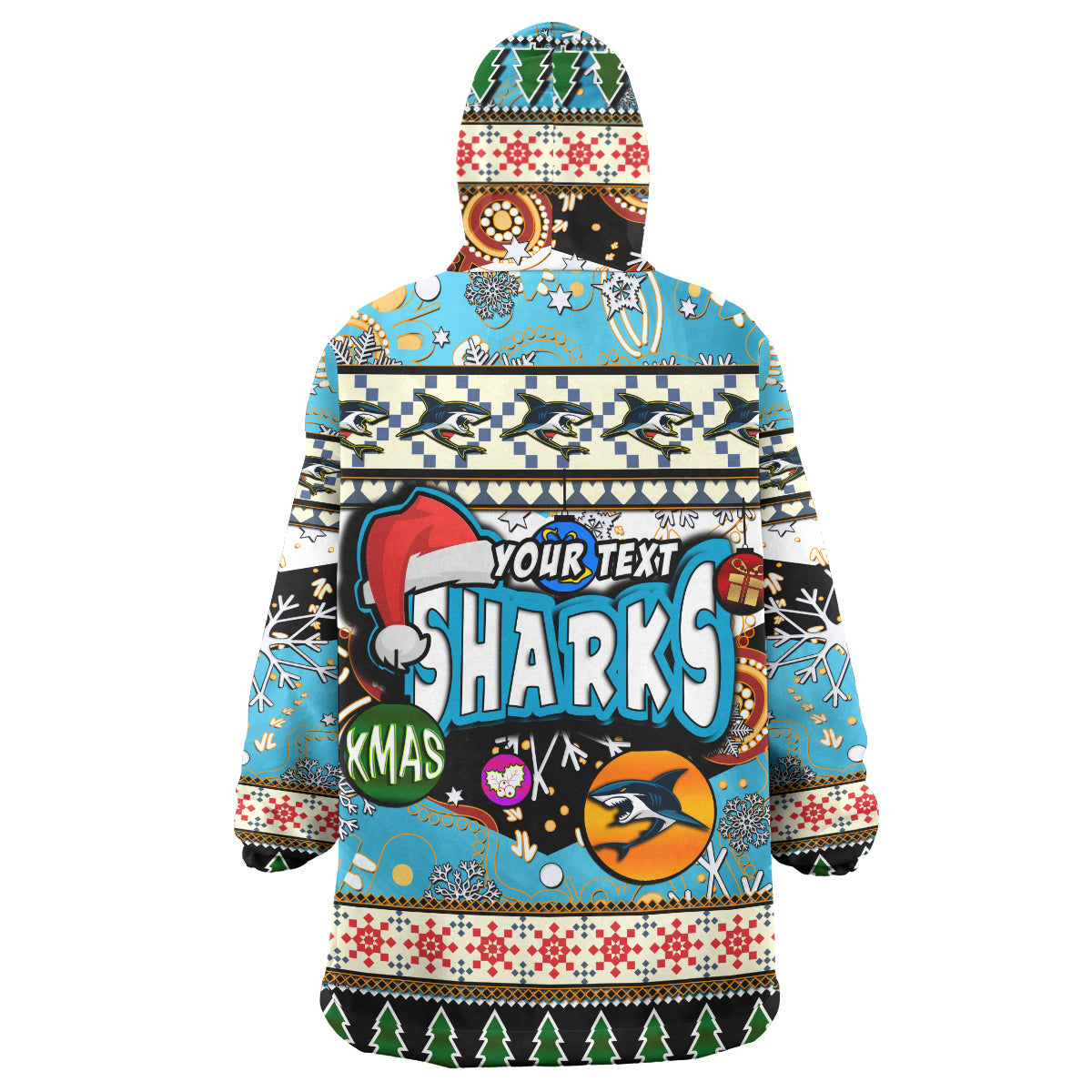 Sharks Rugby Christmas Snug Hoodie - Custom Xmas Sharks Christmas Balls, Snowflake With Aboriginal Patterns Wearable Blanket Hoodie - Vibe Hoodie Shop
