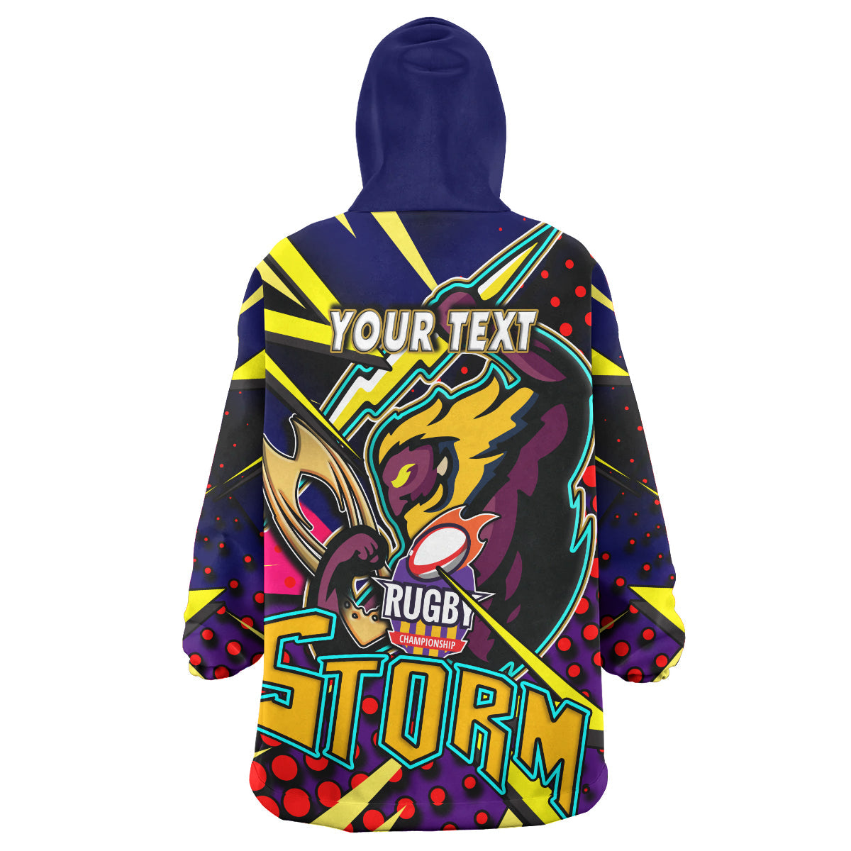 Storm Rugby Snug Hoodie - Custom Storm And Thunder Rugby NRL Grand Final Style Of Dot Background Personalised Player And Number Wearable Blanket Hoodie - Vibe Hoodie Shop