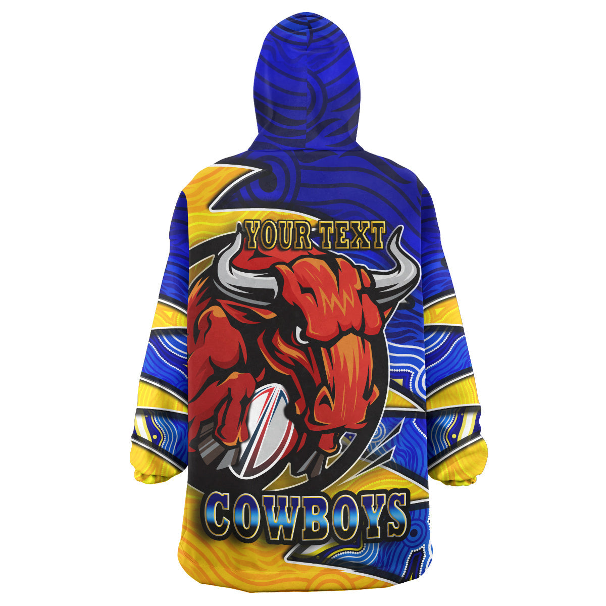 Cowboys Rugby Snug Hoodie - Custom Bull Rugby Ball With Aboriginal Style Pattern Personalised Player And Number Wearable Blanket Hoodie RLT14 - Vibe Hoodie Shop