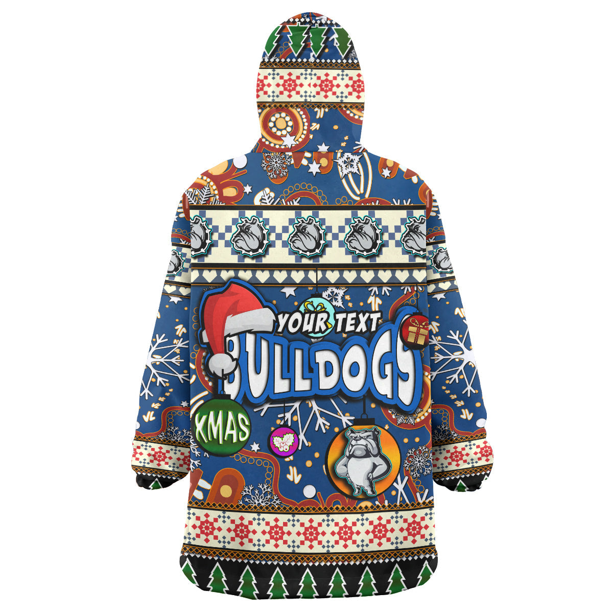 Bulldogs Rugby Christmas Snug Hoodie - Custom Xmas Bulldogs Christmas Balls, Snowflake With Aboriginal Patterns Wearable Blanket Hoodie - Vibe Hoodie Shop