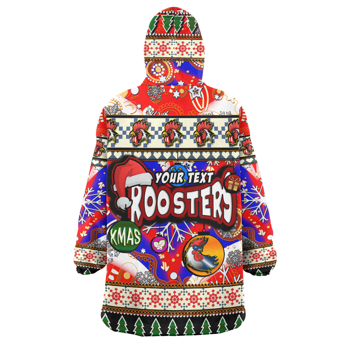 Roosters Rugby Christmas Snug Hoodie - Custom Xmas Roosters Christmas Balls, Snowflake With Aboriginal Patterns Wearable Blanket Hoodie - Vibe Hoodie Shop