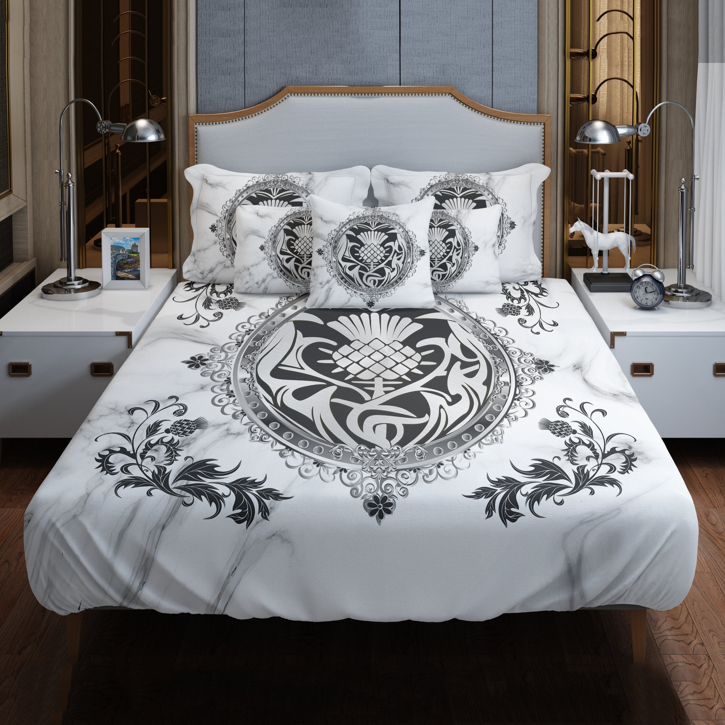 Luxury Silver Thistle Scotland  Bedding Set K5 White - Vibe Hoodie Shop