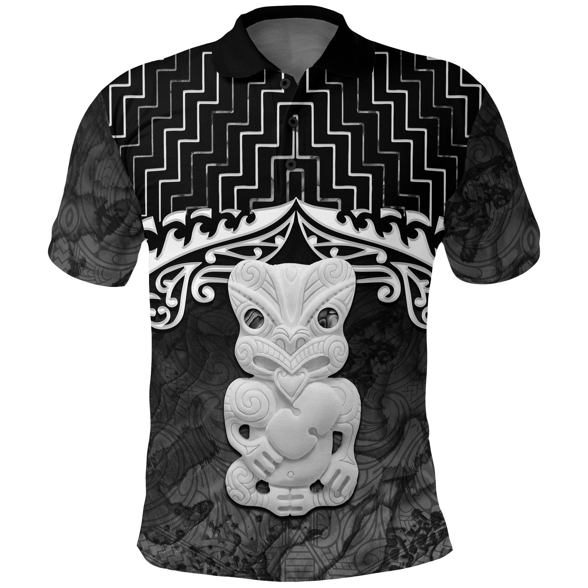 New Zealand Maori Polo Shirt, Poutama Hei Tiki Golf Shirt Black - Vibe Hoodie Shop