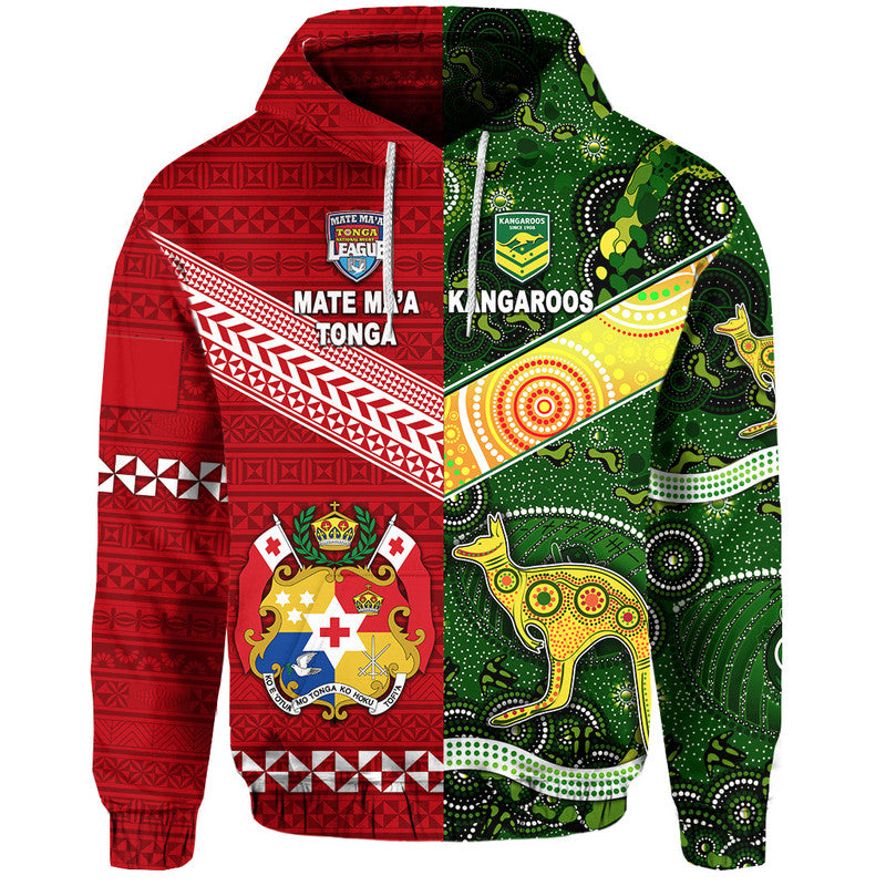 Mate Ma'a Tonga Ngatu And Australia Kangaroos Aboriginal Zip Up And Pullover Hoodie Rugby Together LT8 - Vibe Hoodie Shop