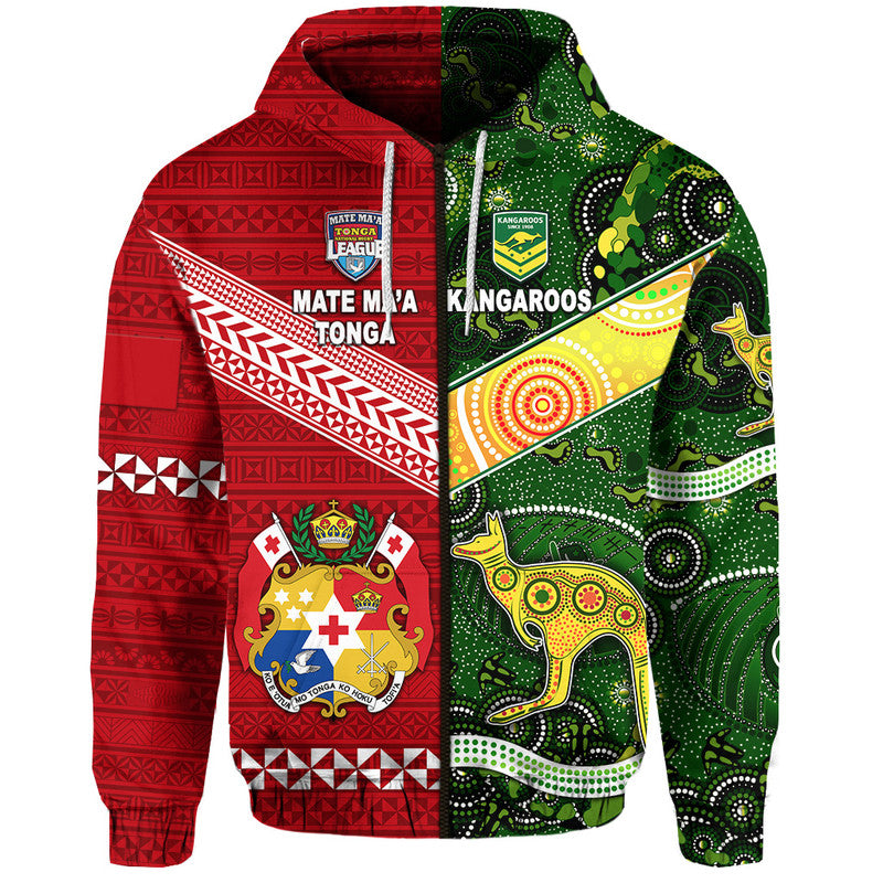 (Custom Personalised) Mate Ma'a Tonga Ngatu And Australia Kangaroos Aboriginal Zip Up And Pullover Hoodie Rugby Together LT8 - Vibe Hoodie Shop