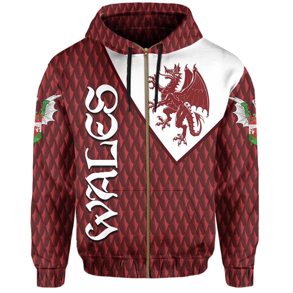 Wales Zip Hoodie Dragon Cymru - Dragon Shield Style - Vibe Hoodie Shop