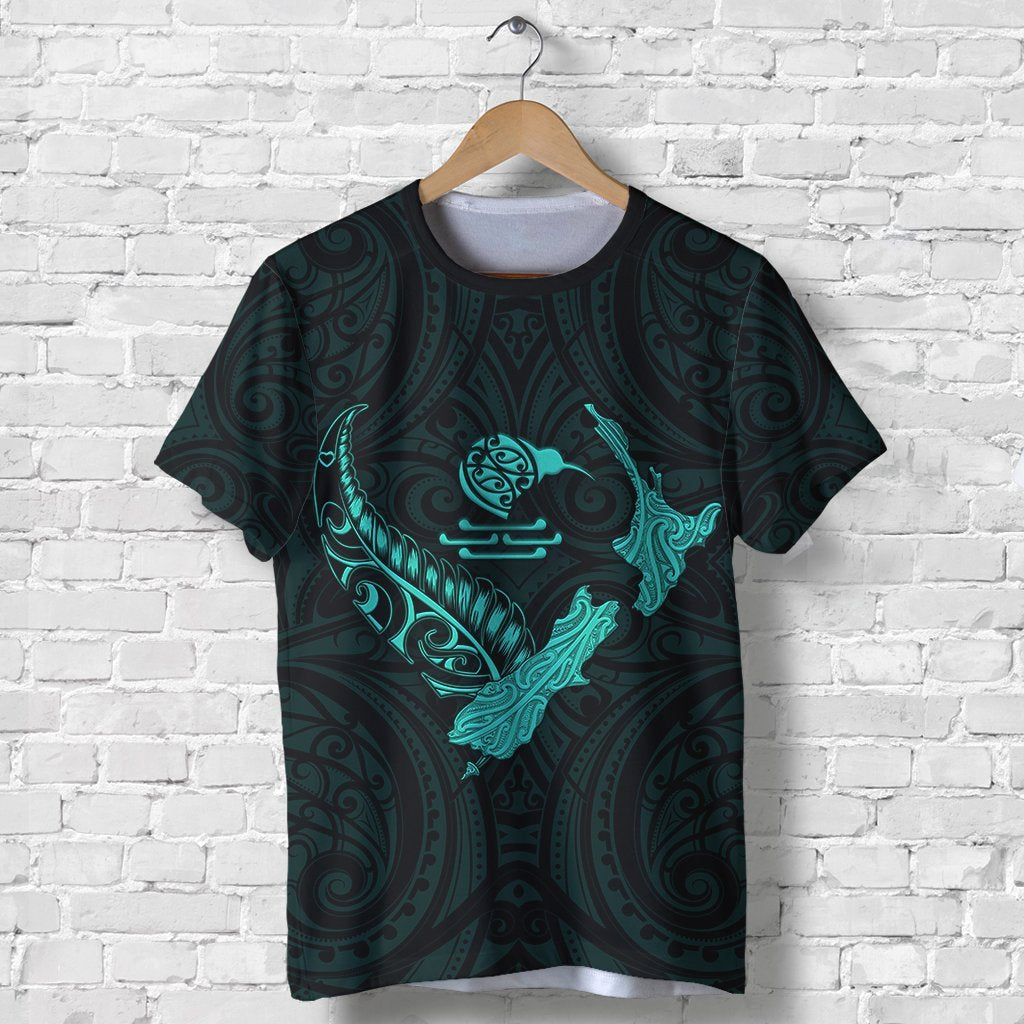 New Zealand Heart T shirt - Map Kiwi mix Silver Fern Turquoise - Vibe Hoodie Shop