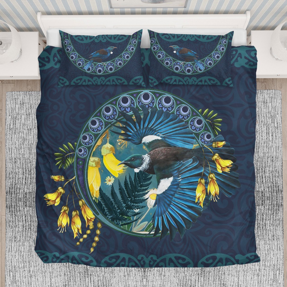 New Zealand Kowhai Bedding Set, Tui Bird Duvet Cover And Pillow Case - Vibe Hoodie Shop