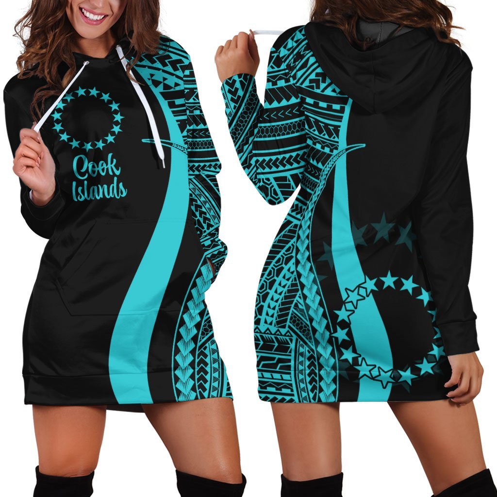 Cook Islands Women's Hoodie Dress - Turquoise Polynesian Tentacle Tribal Pattern - Vibe Hoodie Shop