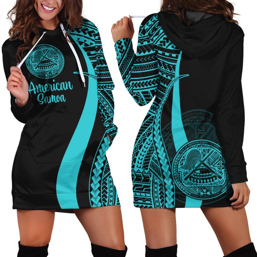 American Samoa Women's Hoodie Dress - Turquoise Polynesian Tentacle Tribal Pattern - Vibe Hoodie Shop