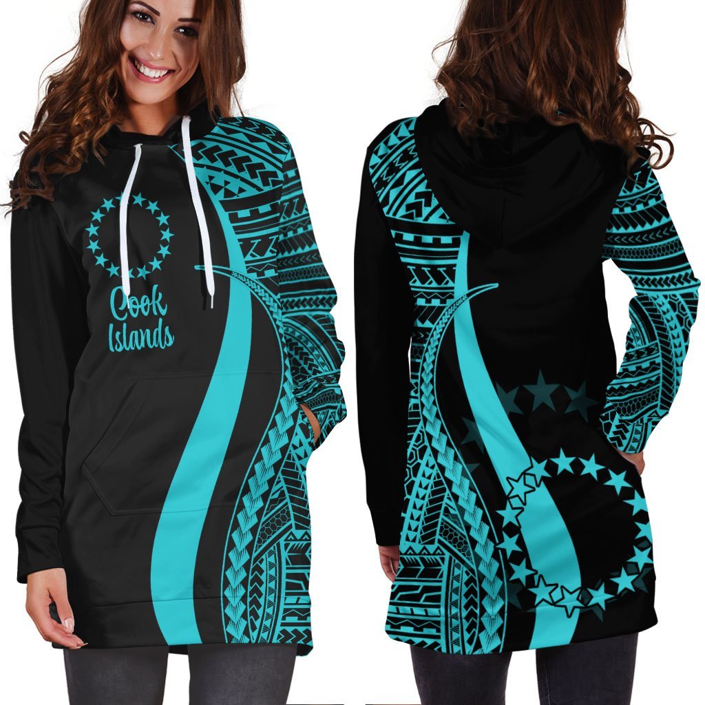 Cook Islands Women's Hoodie Dress - Turquoise Polynesian Tentacle Tribal Pattern - Vibe Hoodie Shop