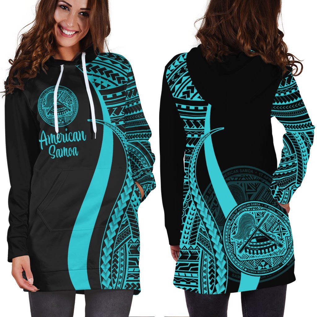 American Samoa Women's Hoodie Dress - Turquoise Polynesian Tentacle Tribal Pattern - Vibe Hoodie Shop