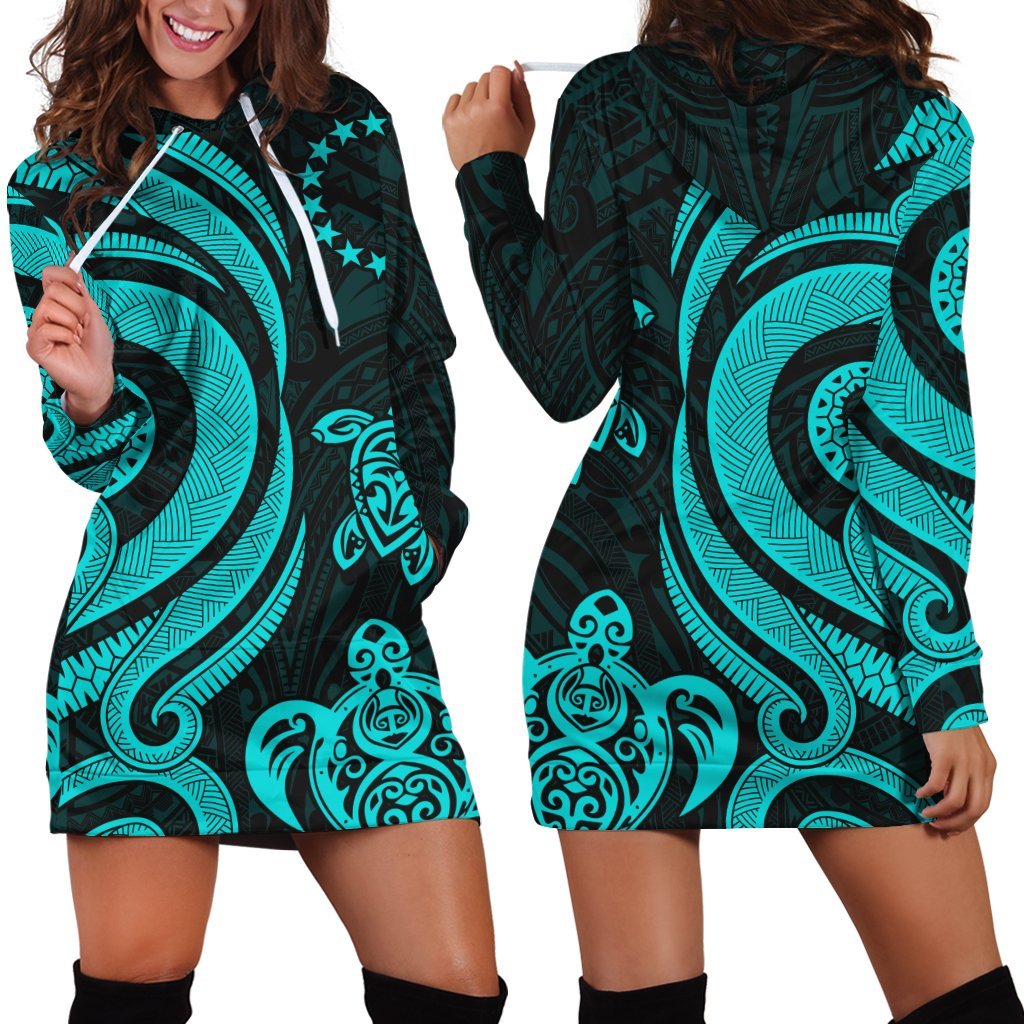 Cook Islands Women Hoodie Dress - Turquoise Tentacle Turtle - Vibe Hoodie Shop