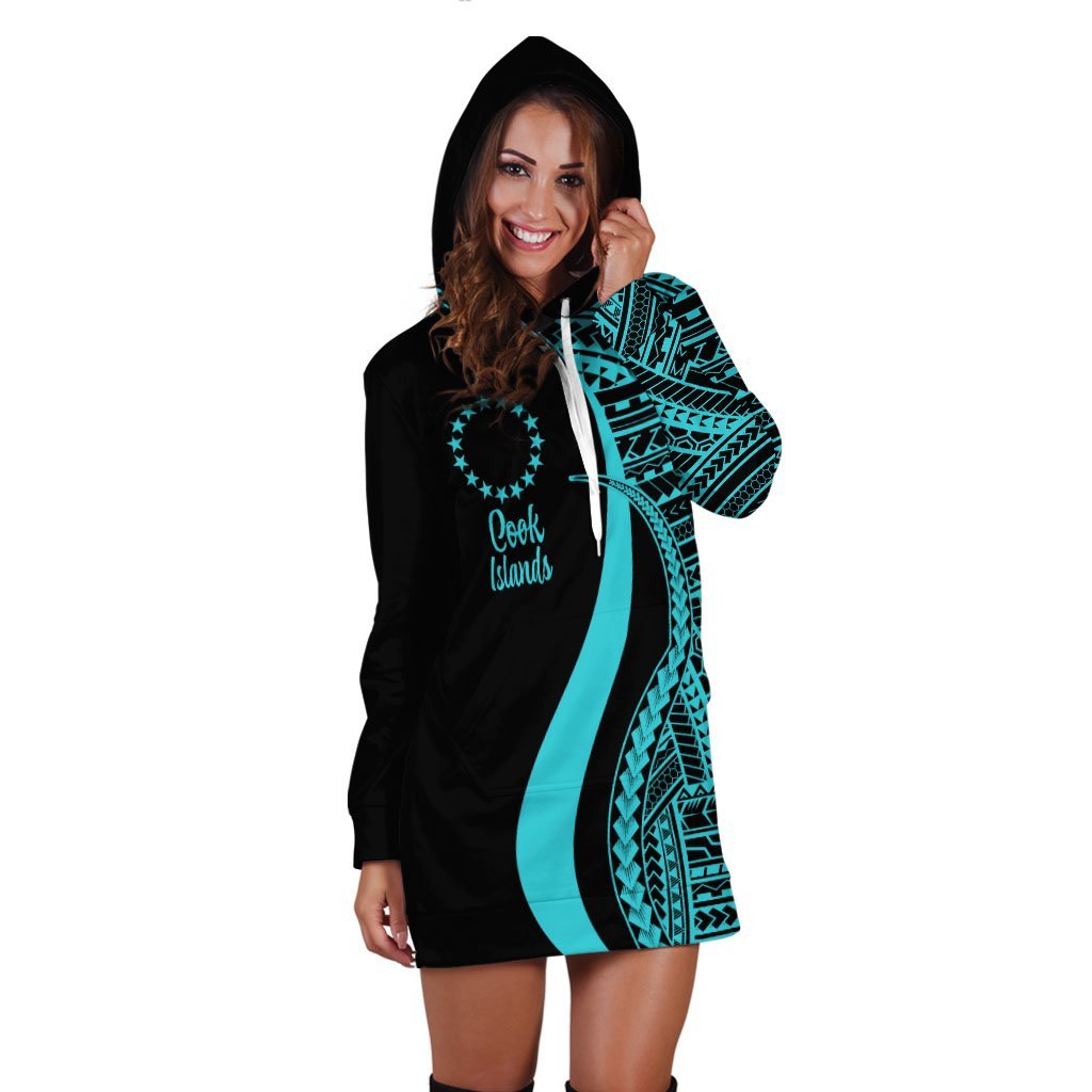 Cook Islands Women's Hoodie Dress - Turquoise Polynesian Tentacle Tribal Pattern - Vibe Hoodie Shop