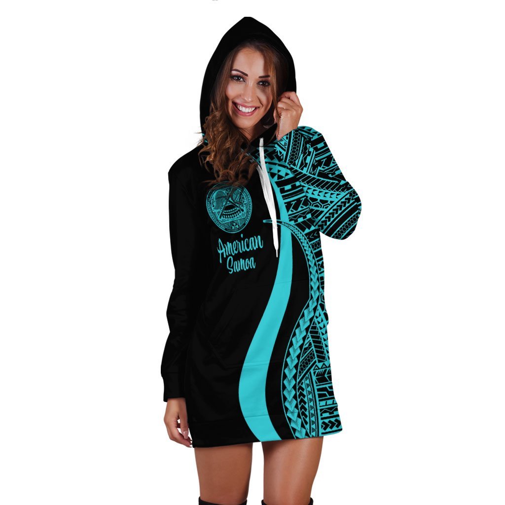 American Samoa Women's Hoodie Dress - Turquoise Polynesian Tentacle Tribal Pattern - Vibe Hoodie Shop