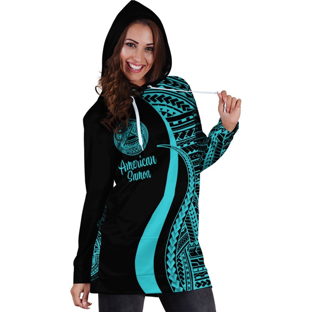 American Samoa Women's Hoodie Dress - Turquoise Polynesian Tentacle Tribal Pattern - Vibe Hoodie Shop