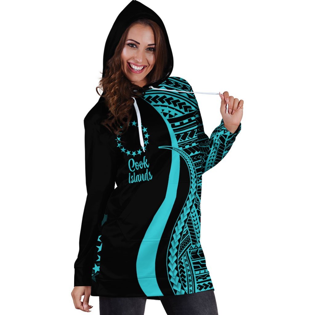 Cook Islands Women's Hoodie Dress - Turquoise Polynesian Tentacle Tribal Pattern - Vibe Hoodie Shop