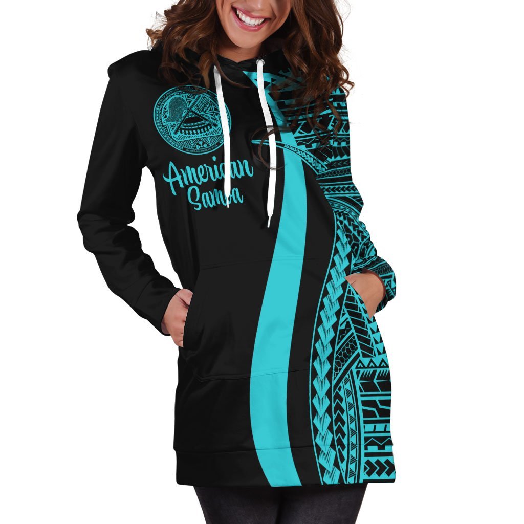 American Samoa Women's Hoodie Dress - Turquoise Polynesian Tentacle Tribal Pattern - Vibe Hoodie Shop