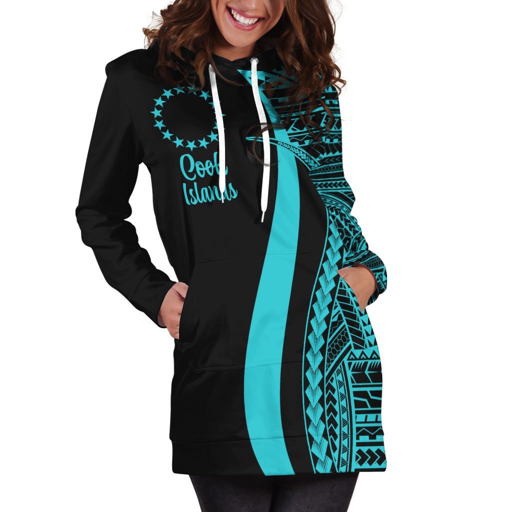 Cook Islands Women's Hoodie Dress - Turquoise Polynesian Tentacle Tribal Pattern - Vibe Hoodie Shop