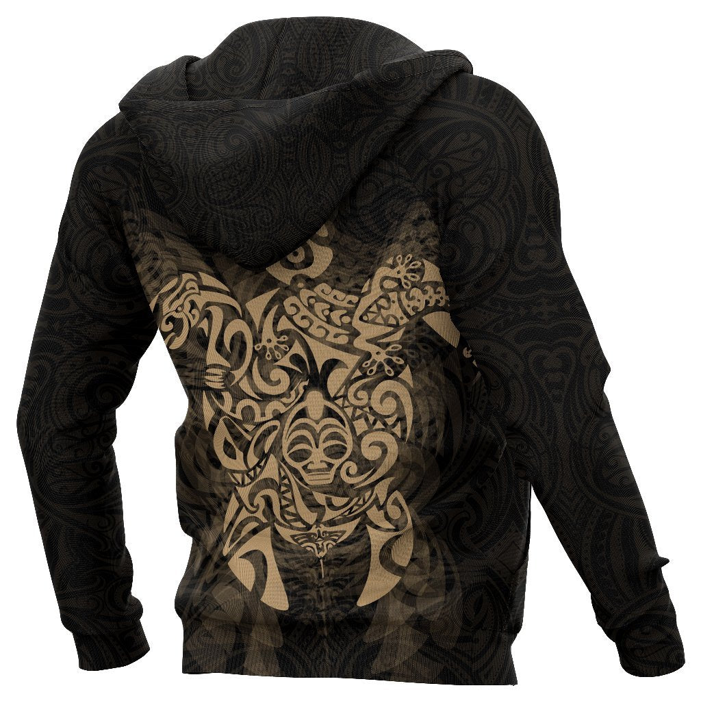 New Zealand Maori Zip Up Hoodie, Wairua Tattoo Turtle Zipper Hoodie - Gold - Vibe Hoodie Shop