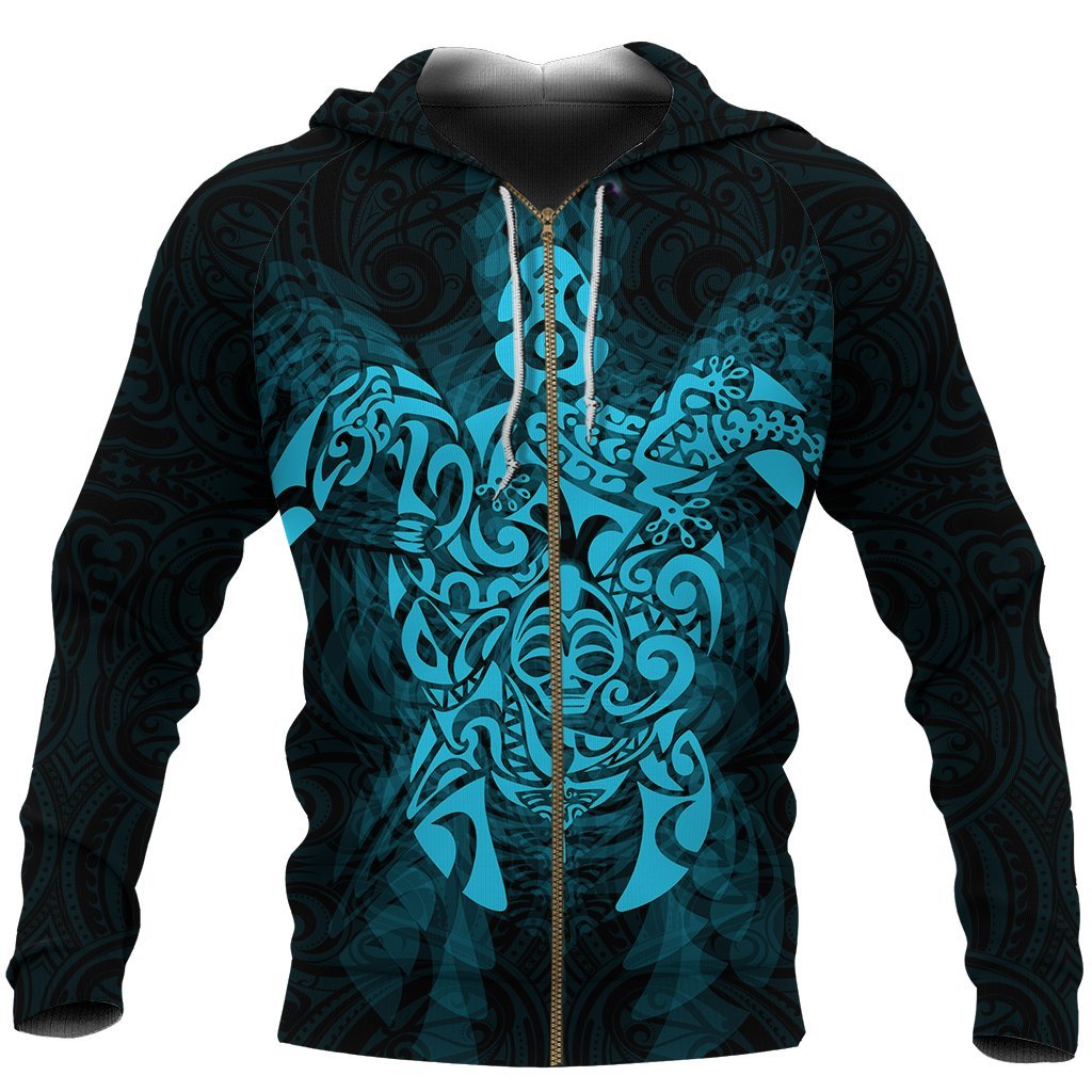 New Zealand Maori Zip Up Hoodie, Wairua Tattoo Turtle Zipper Hoodie - Blue - Vibe Hoodie Shop